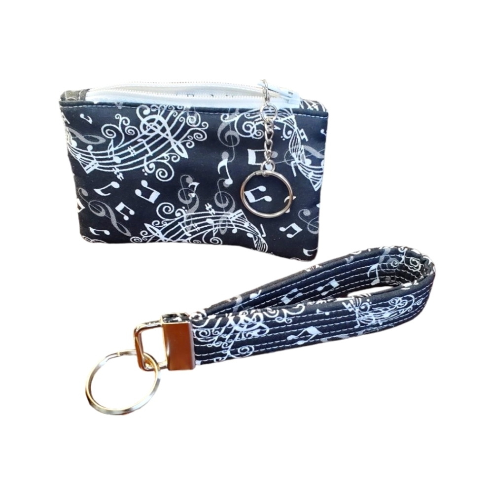 Music Notes Wristlet Keychain Wallet Pouch Navy Blue Zip Coin Purse